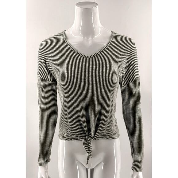 Caution To The Wind Tie Front Top Size Small Green White Ribbed V Neck Womens - Picture 1 of 6